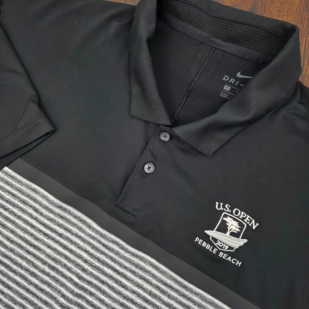 Nike Tiger Woods 2019 US Open Pebble Beach Polo Shirt Mens XL Black‎ Striped